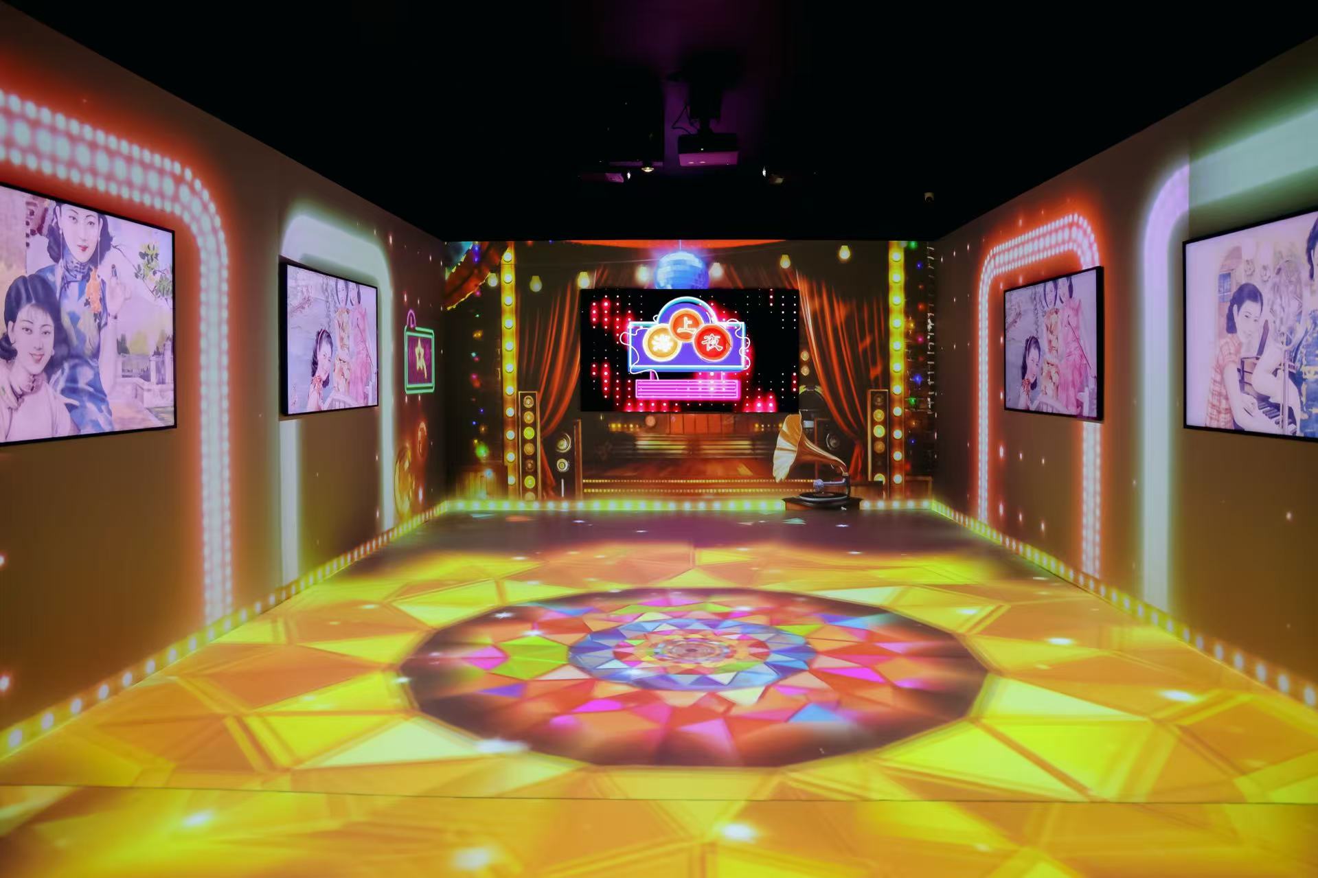 A room with a colorful floor and lights

AI-generated content may be incorrect.